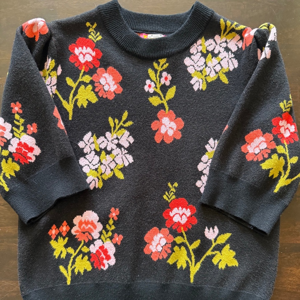 THML Black Floral Crewneck Sweater with Red, Pink and Green Accents
